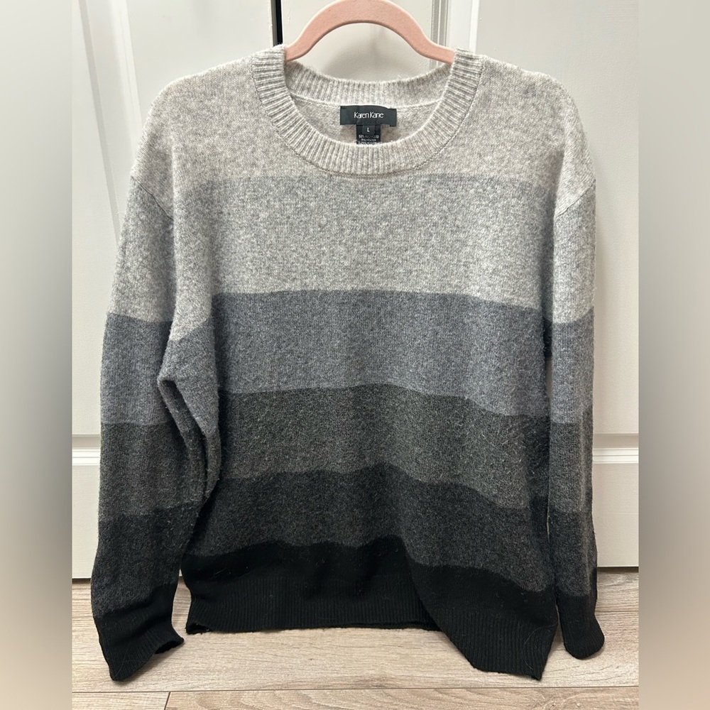 Karen Kane Women's Gray Gradient Crewneck Striped Sweater Wool Large Long Sleeve